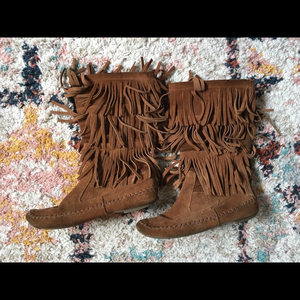 Leather fringe moccasin boots
